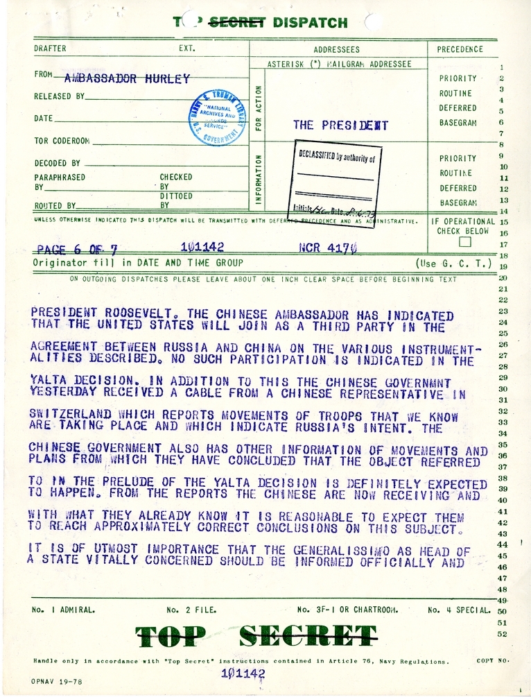 Telegram from Ambassador Patrick J. Hurley to President Harry S. Truman