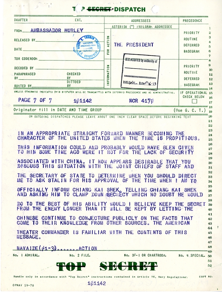 Telegram from Ambassador Patrick J. Hurley to President Harry S. Truman