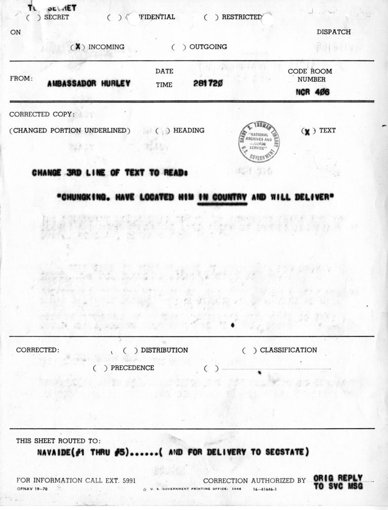 Telegram from Ambassador Patrick J. Hurley to Naval Aide