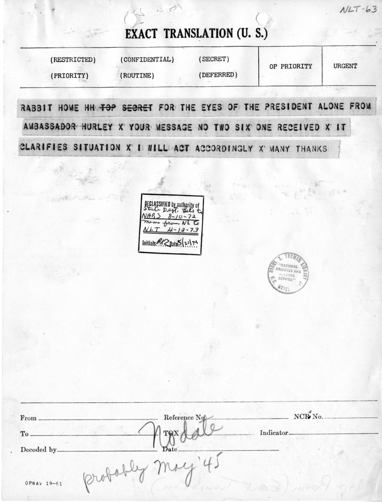 Telegram from Ambassador Patrick J. Hurley to President Harry S. Truman