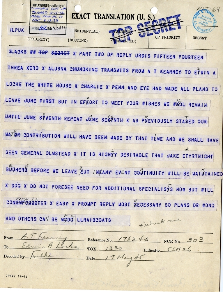 Telegram from A.T. Kearney to Edwin A. Locke