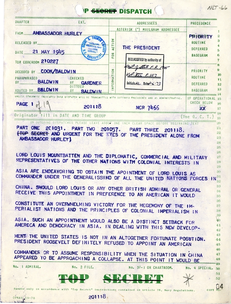 Telegram from Ambassador Patrick J. Hurley to President Harry S. Truman