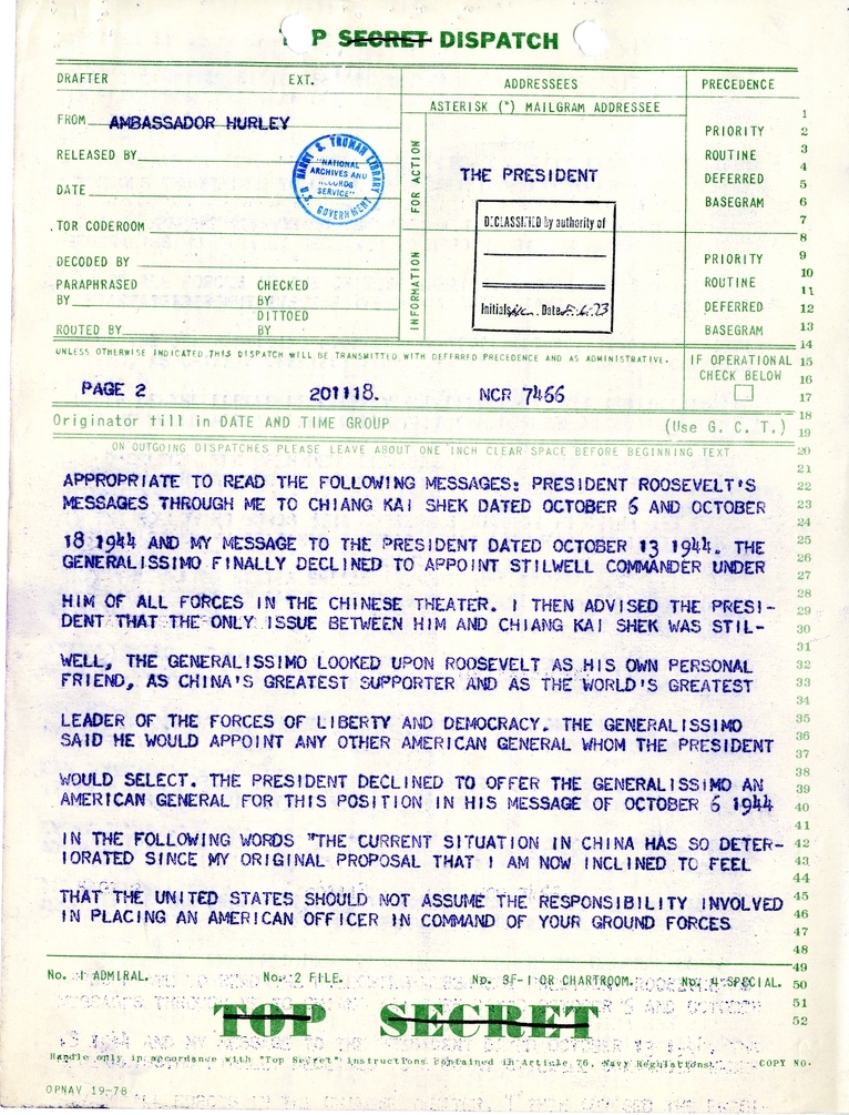 Telegram from Ambassador Patrick J. Hurley to President Harry S. Truman