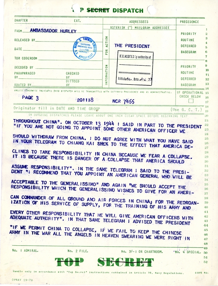 Telegram from Ambassador Patrick J. Hurley to President Harry S. Truman
