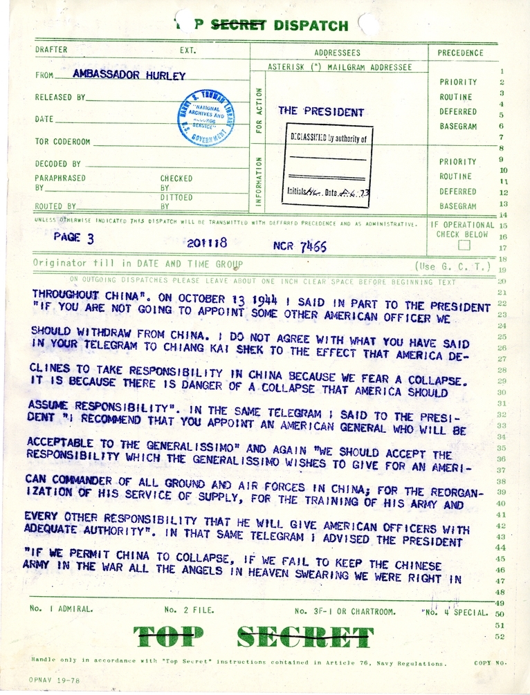 Telegram from Ambassador Patrick J. Hurley to President Harry S. Truman