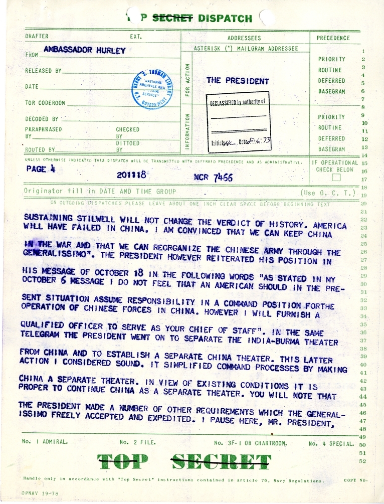 Telegram from Ambassador Patrick J. Hurley to President Harry S. Truman