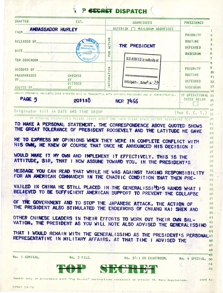 Telegram from Ambassador Patrick J. Hurley to President Harry S. Truman