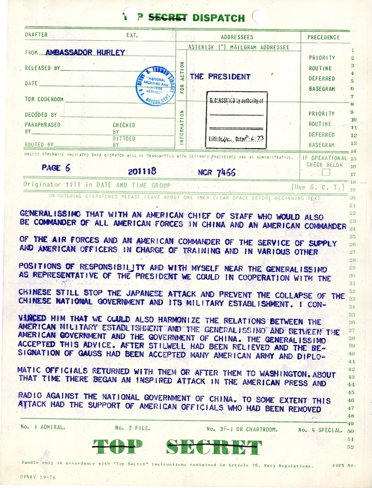 Telegram from Ambassador Patrick J. Hurley to President Harry S. Truman