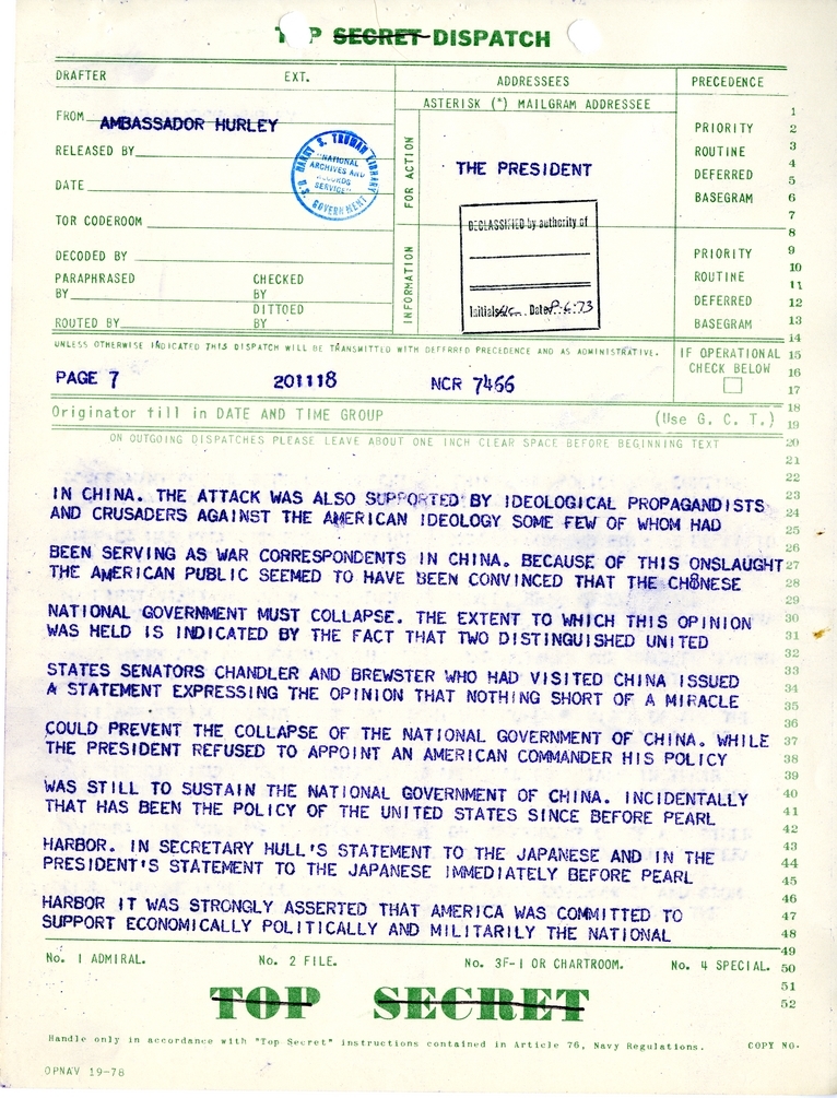 Telegram from Ambassador Patrick J. Hurley to President Harry S. Truman