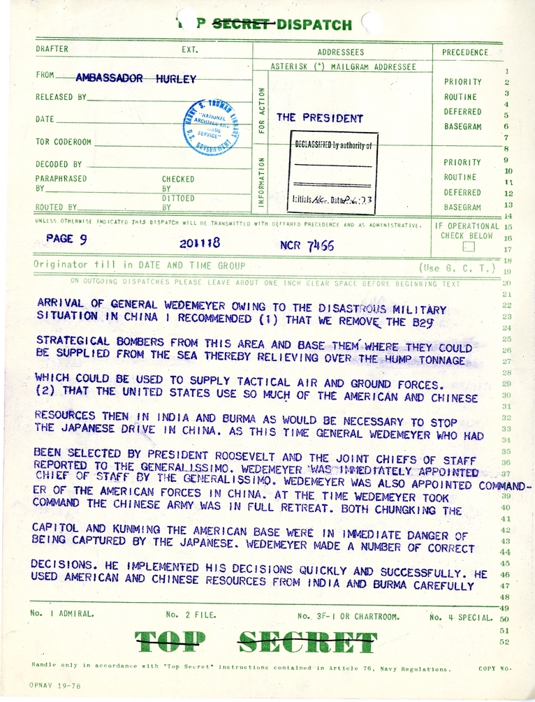 Telegram from Ambassador Patrick J. Hurley to President Harry S. Truman