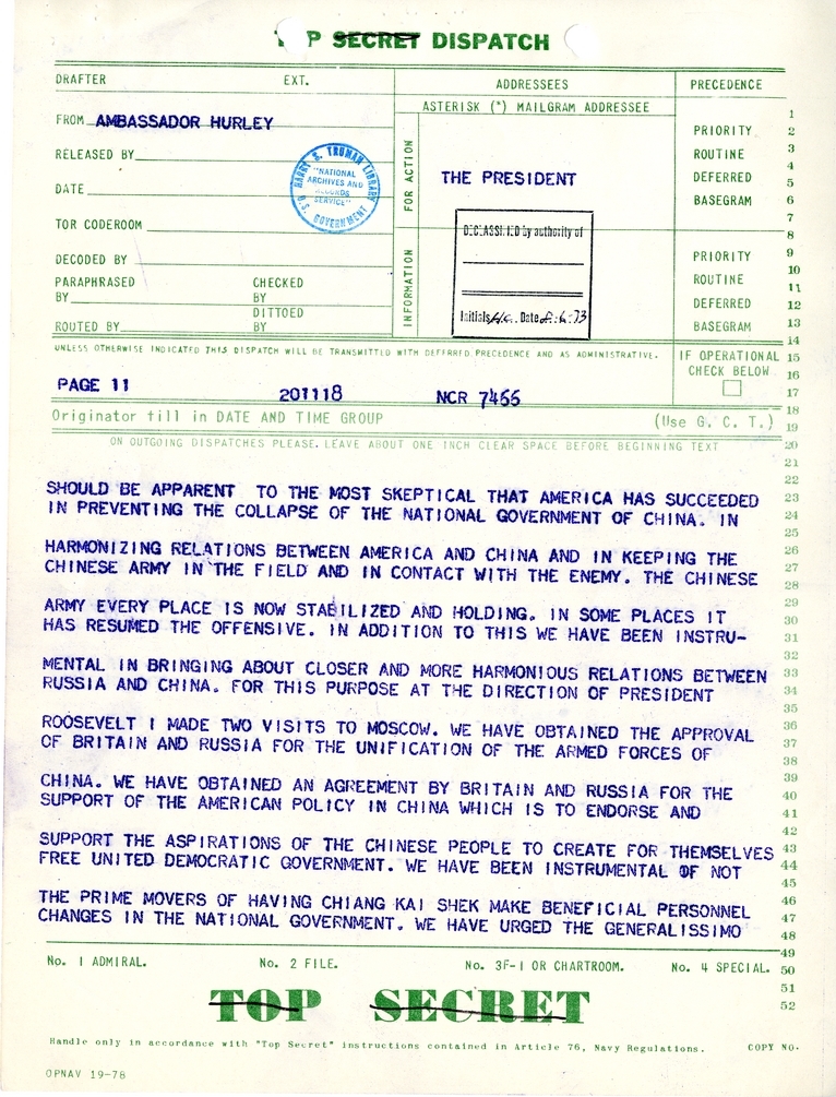 Telegram from Ambassador Patrick J. Hurley to President Harry S. Truman