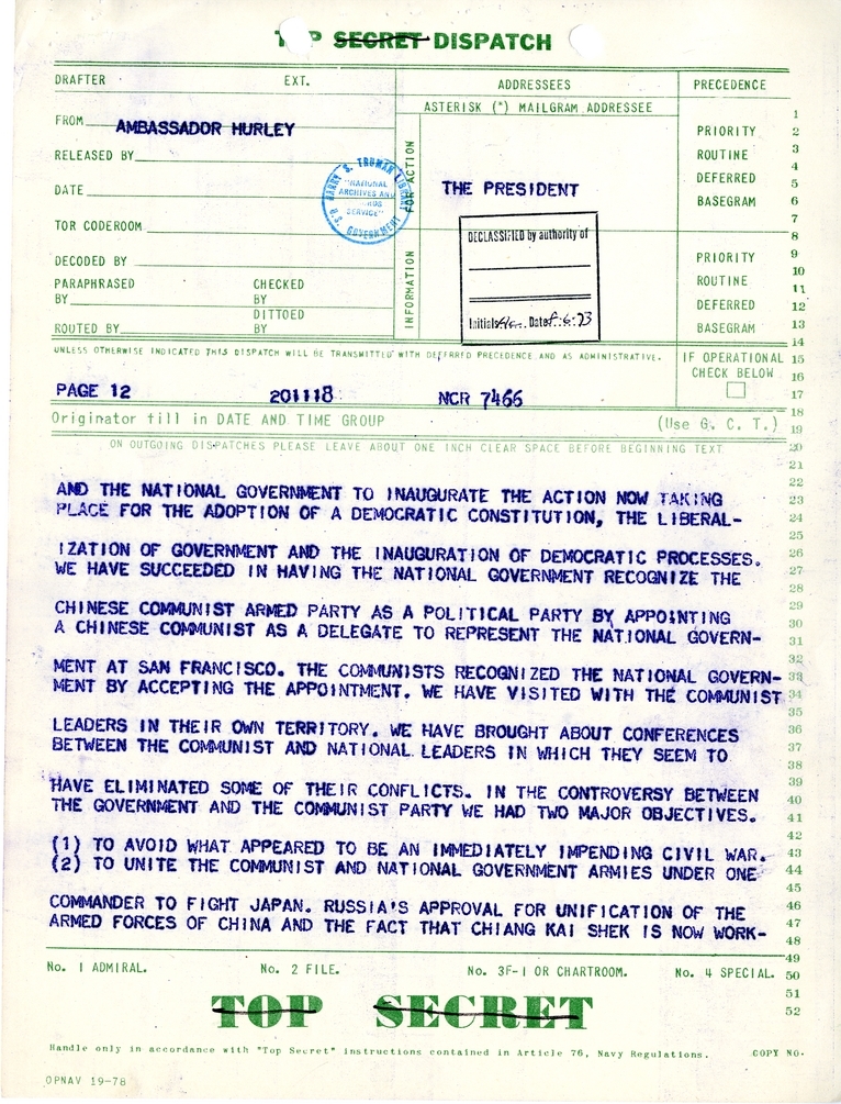 Telegram from Ambassador Patrick J. Hurley to President Harry S. Truman