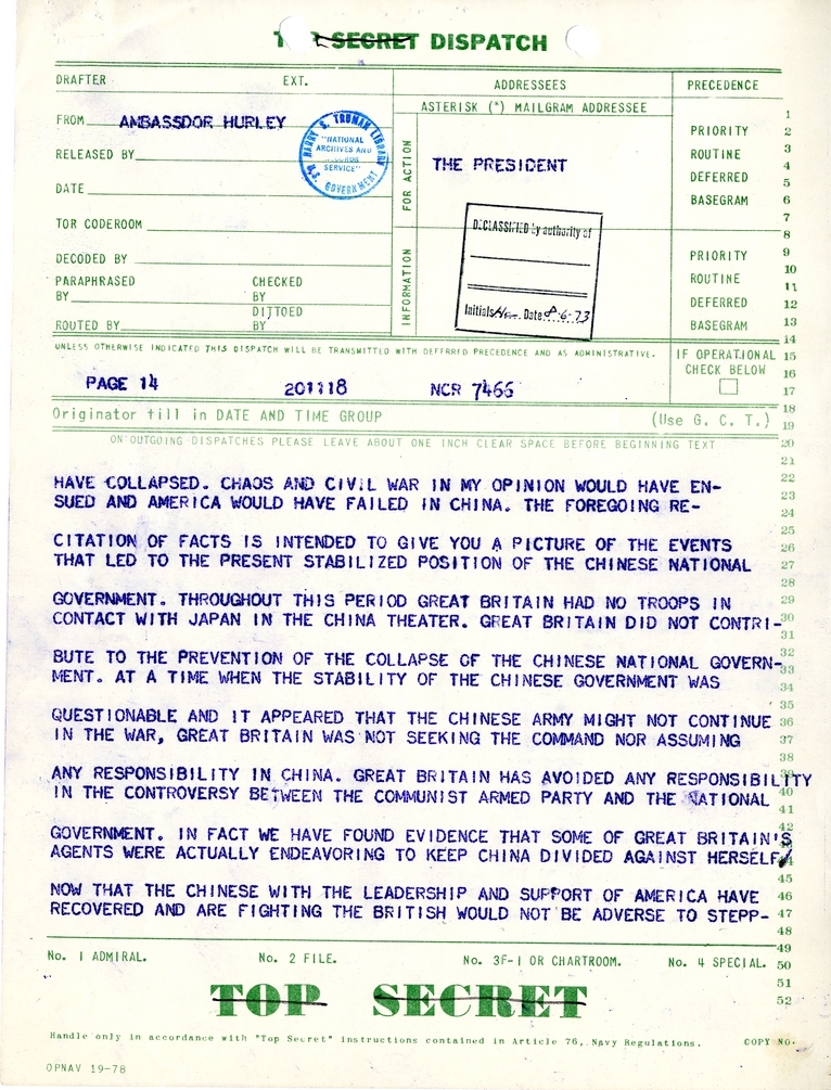 Telegram from Ambassador Patrick J. Hurley to President Harry S. Truman