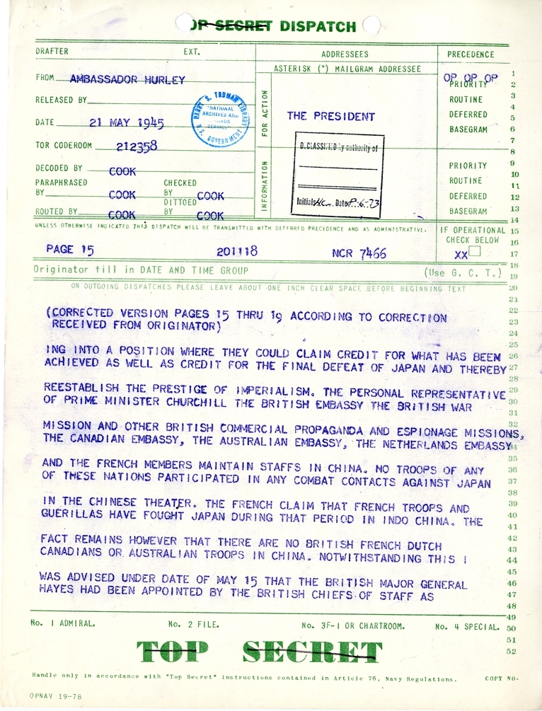 Telegram from Ambassador Patrick J. Hurley to President Harry S. Truman