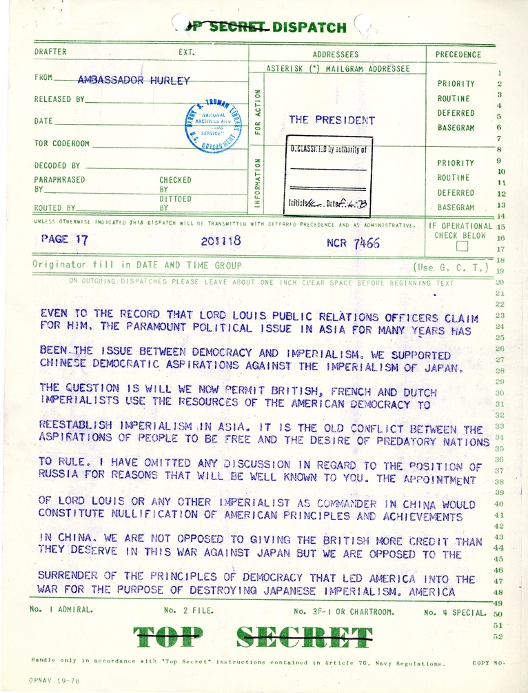 Telegram from Ambassador Patrick J. Hurley to President Harry S. Truman