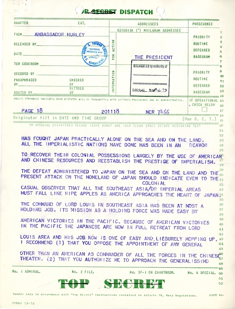 Telegram from Ambassador Patrick J. Hurley to President Harry S. Truman