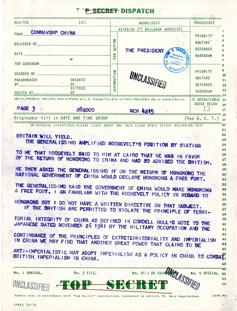 Telegram from Ambassador Patrick J. Hurley to President Harry S. Truman