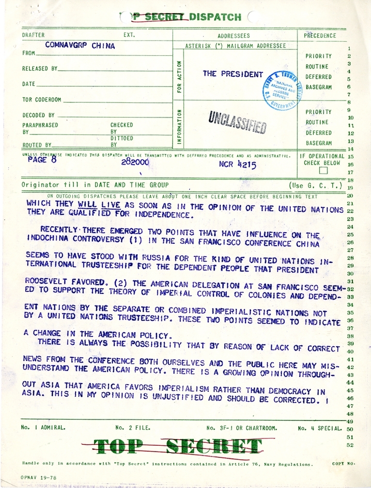 Telegram from Ambassador Patrick J. Hurley to President Harry S. Truman