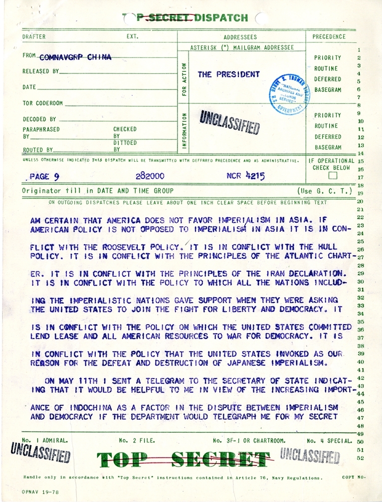 Telegram from Ambassador Patrick J. Hurley to President Harry S. Truman