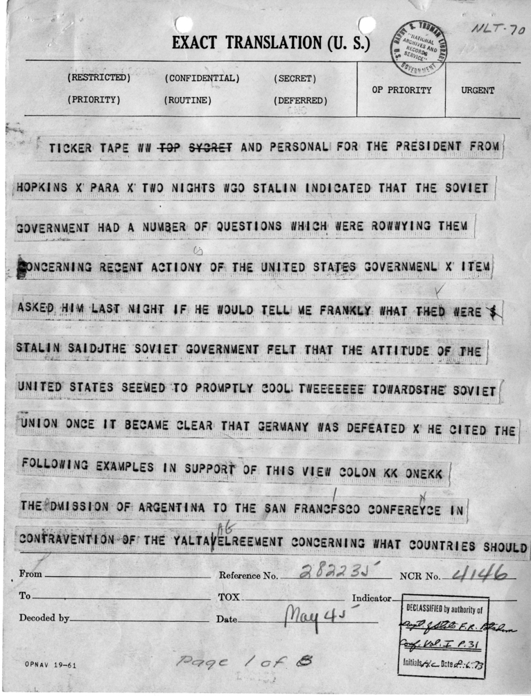 Telegram from Harry Hopkins to President Harry S. Truman