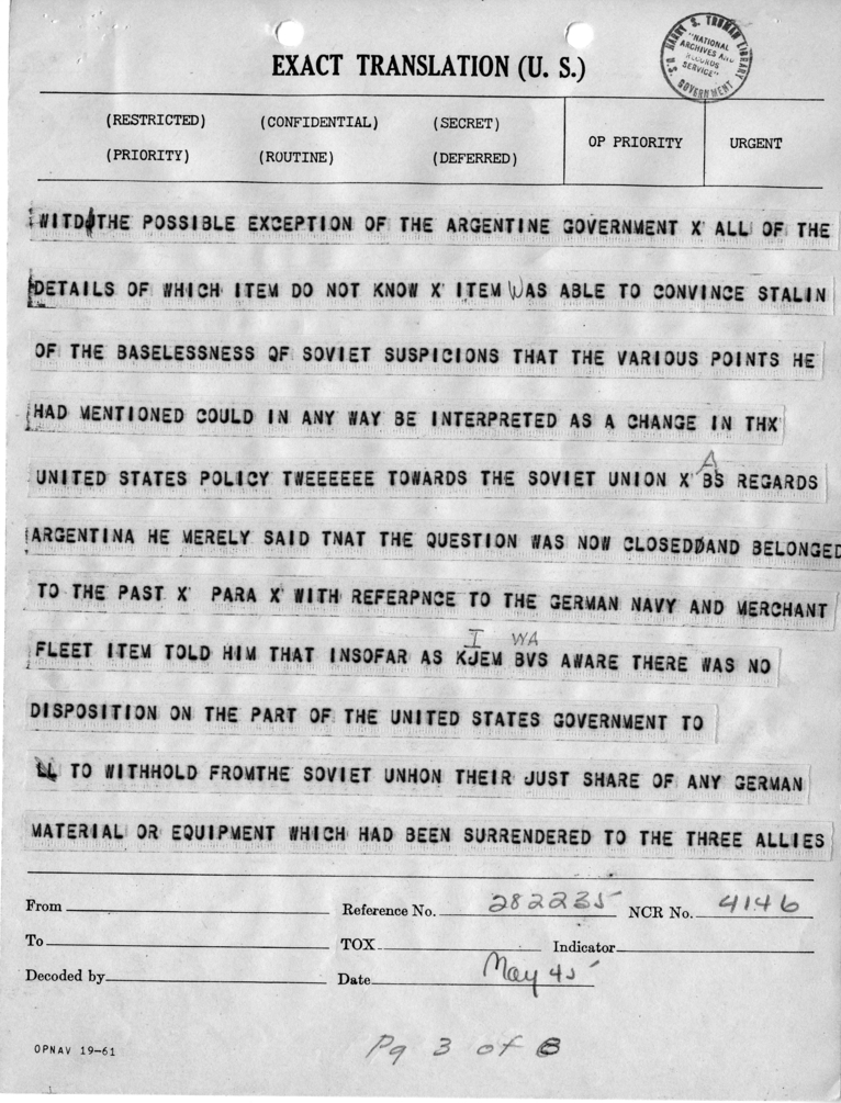 Telegram from Harry Hopkins to President Harry S. Truman