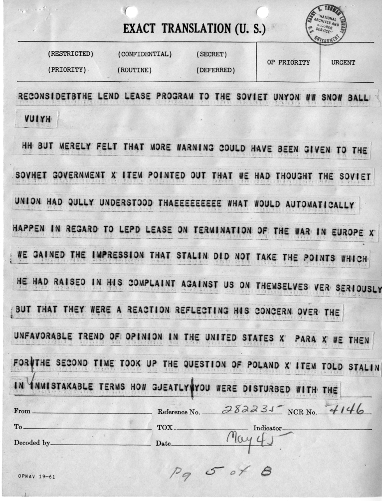 Telegram from Harry Hopkins to President Harry S. Truman