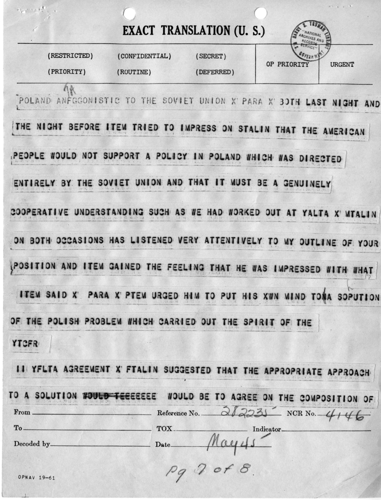 Telegram from Harry Hopkins to President Harry S. Truman