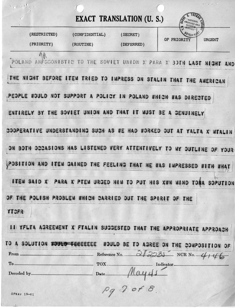 Telegram from Harry Hopkins to President Harry S. Truman