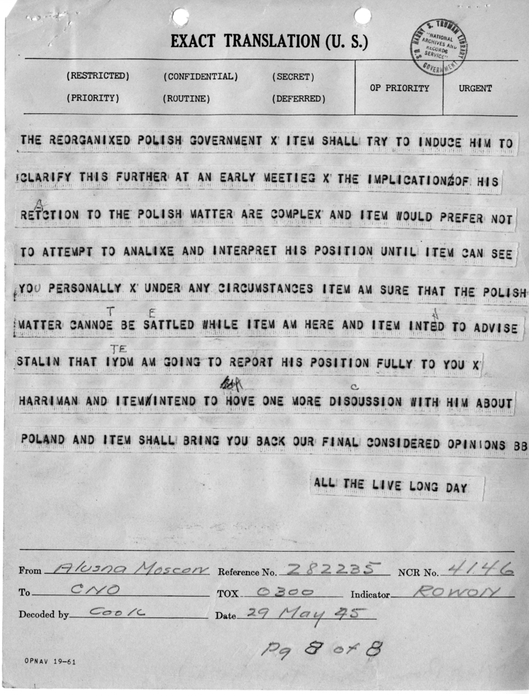 Telegram from Harry Hopkins to President Harry S. Truman