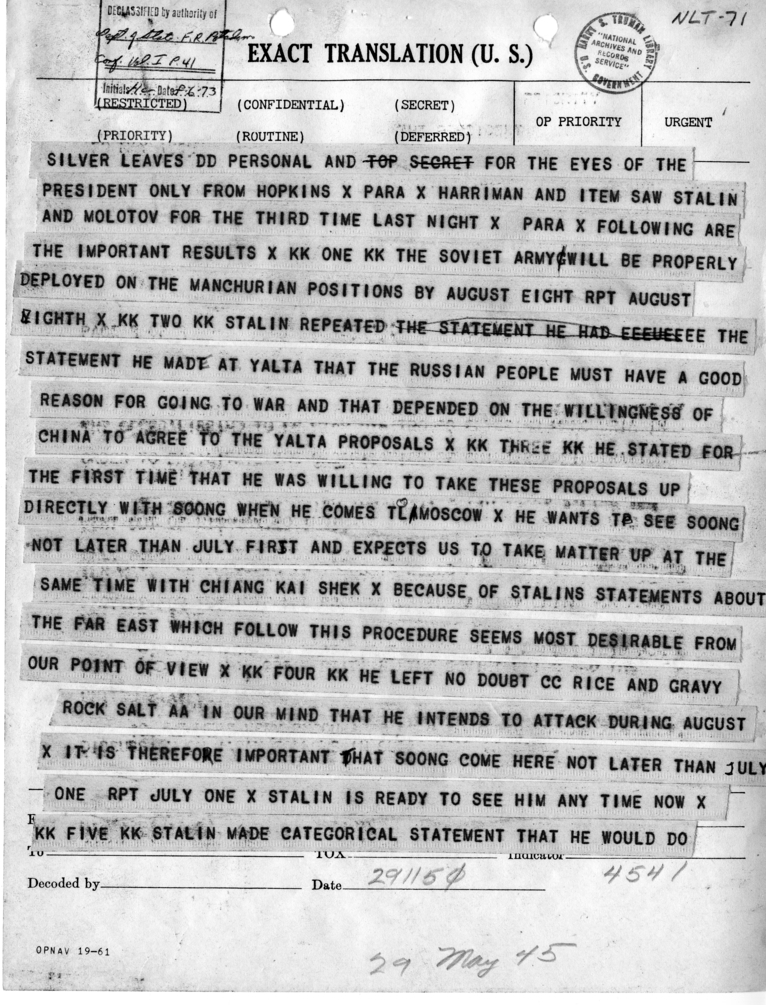 Telegram from Harry Hopkins to President Harry S. Truman