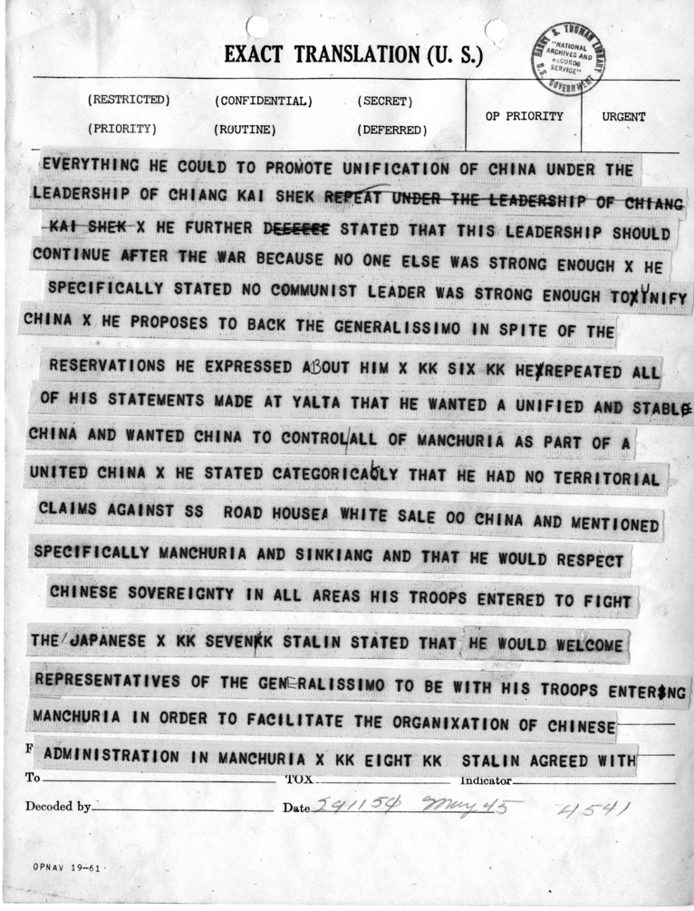 Telegram from Harry Hopkins to President Harry S. Truman