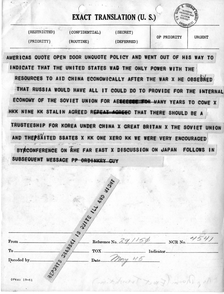 Telegram from Harry Hopkins to President Harry S. Truman