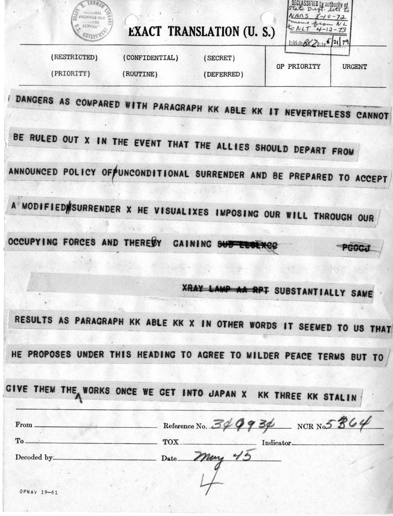 Telegram from Harry Hopkins to President Harry S. Truman