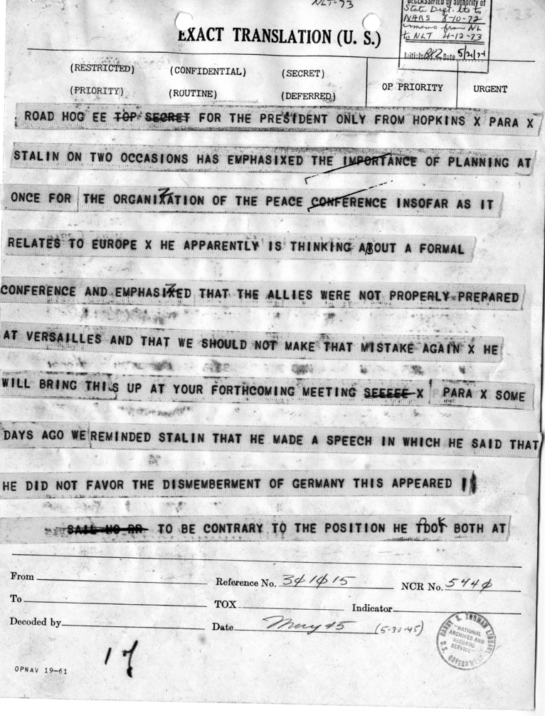 Telegram from Harry Hopkins to President Harry S. Truman