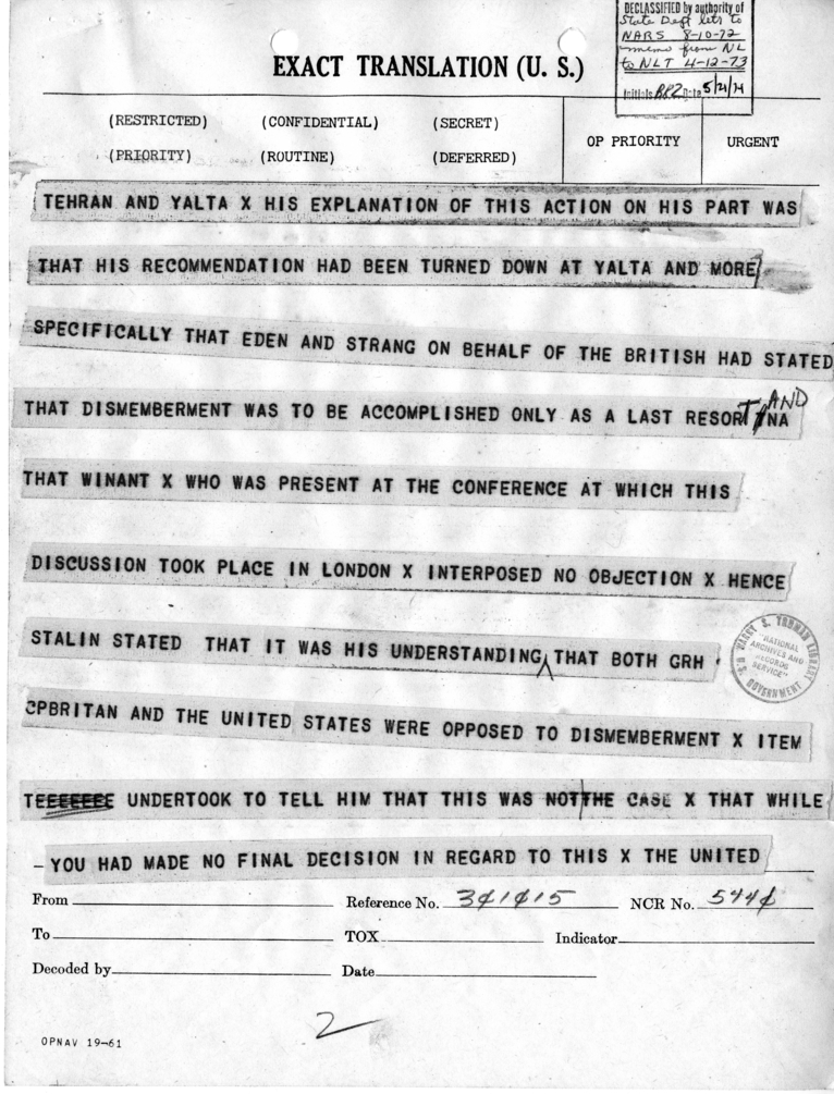 Telegram from Harry Hopkins to President Harry S. Truman