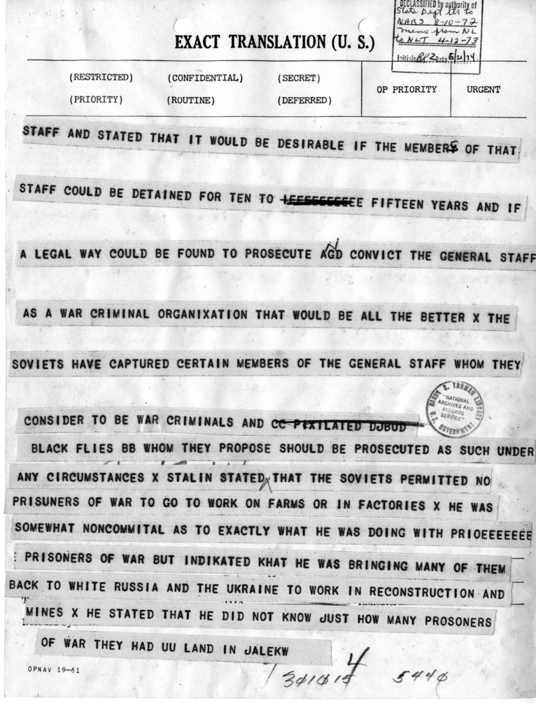 Telegram from Harry Hopkins to President Harry S. Truman