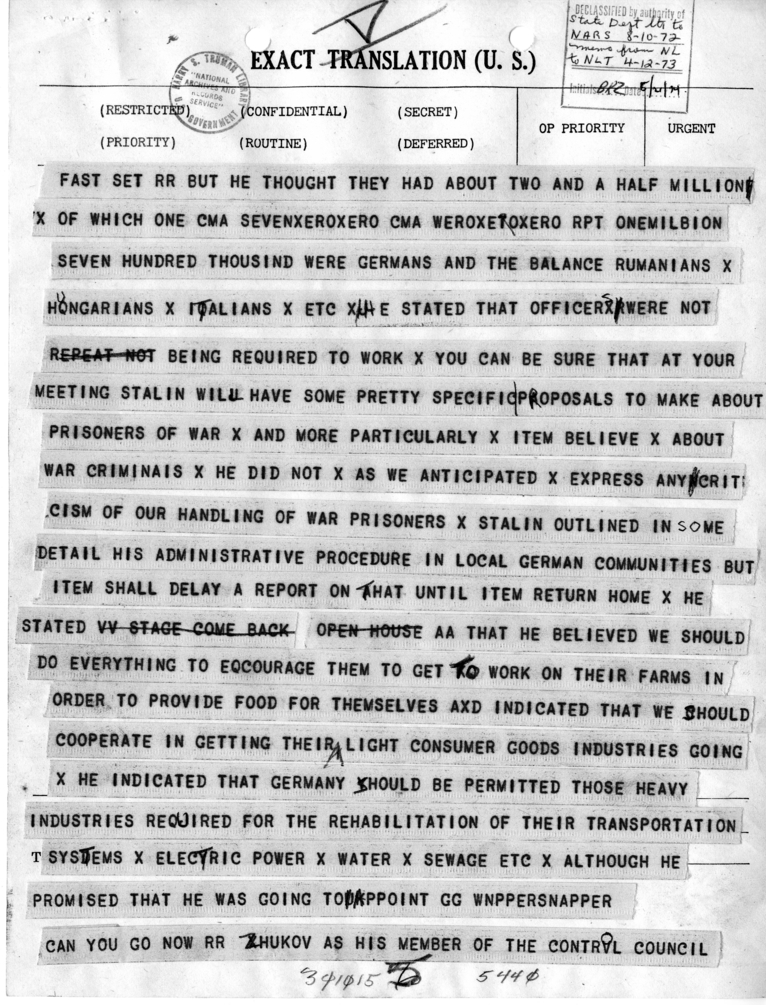 Telegram from Harry Hopkins to President Harry S. Truman