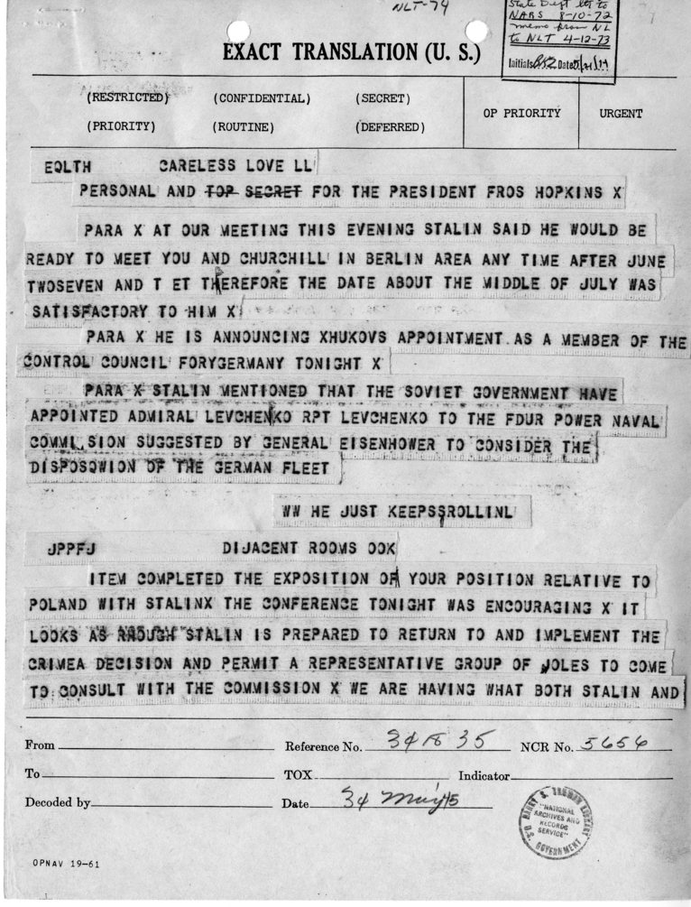 Telegram from Harry Hopkins to President Harry S. Truman