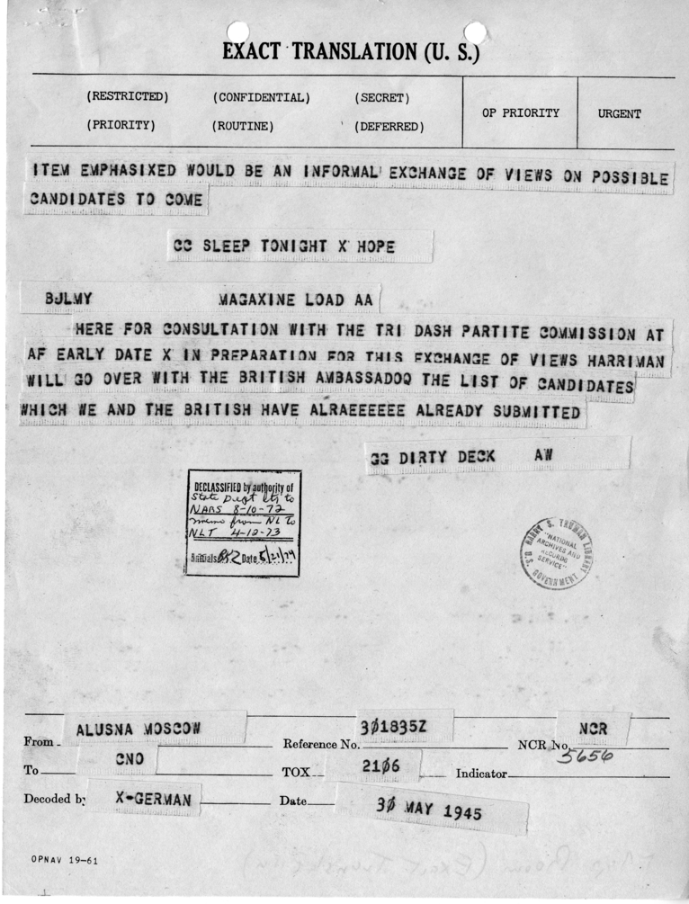 Telegram from Harry Hopkins to President Harry S. Truman