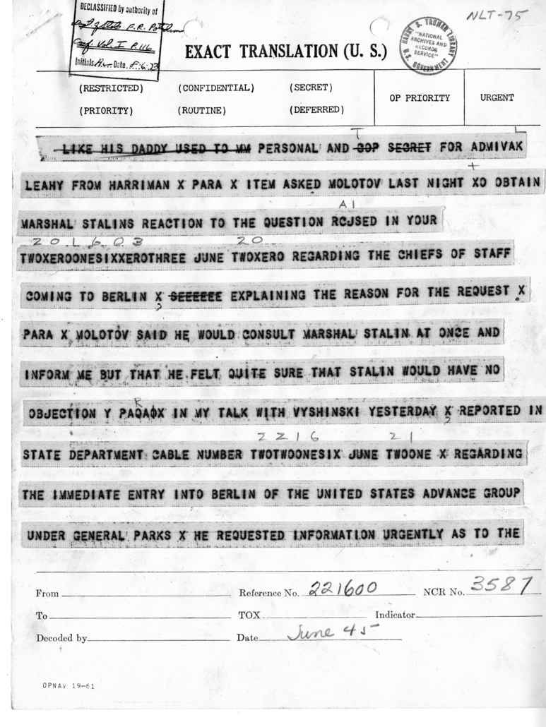 Telegram from Ambassador Averell Harriman to Admiral William Leahy