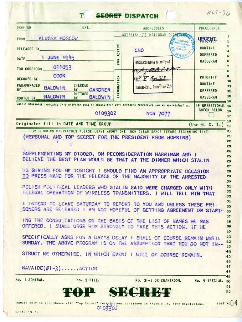 Telegram from Harry Hopkins to President Harry S. Truman