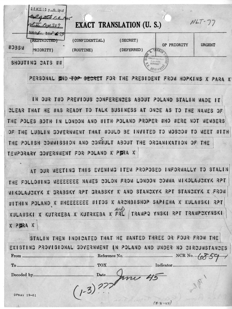 Telegram from Harry Hopkins to President Harry S. Truman