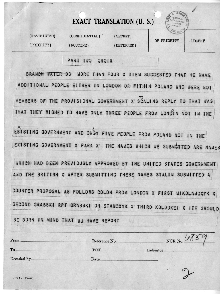 Telegram from Harry Hopkins to President Harry S. Truman