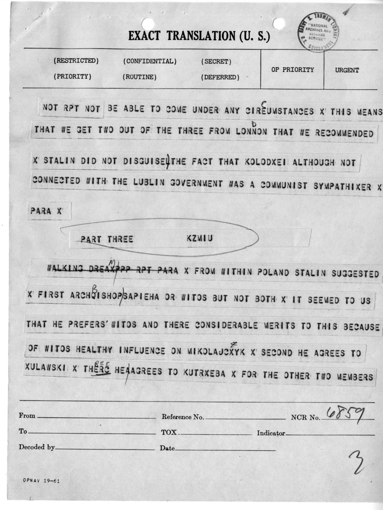 Telegram from Harry Hopkins to President Harry S. Truman