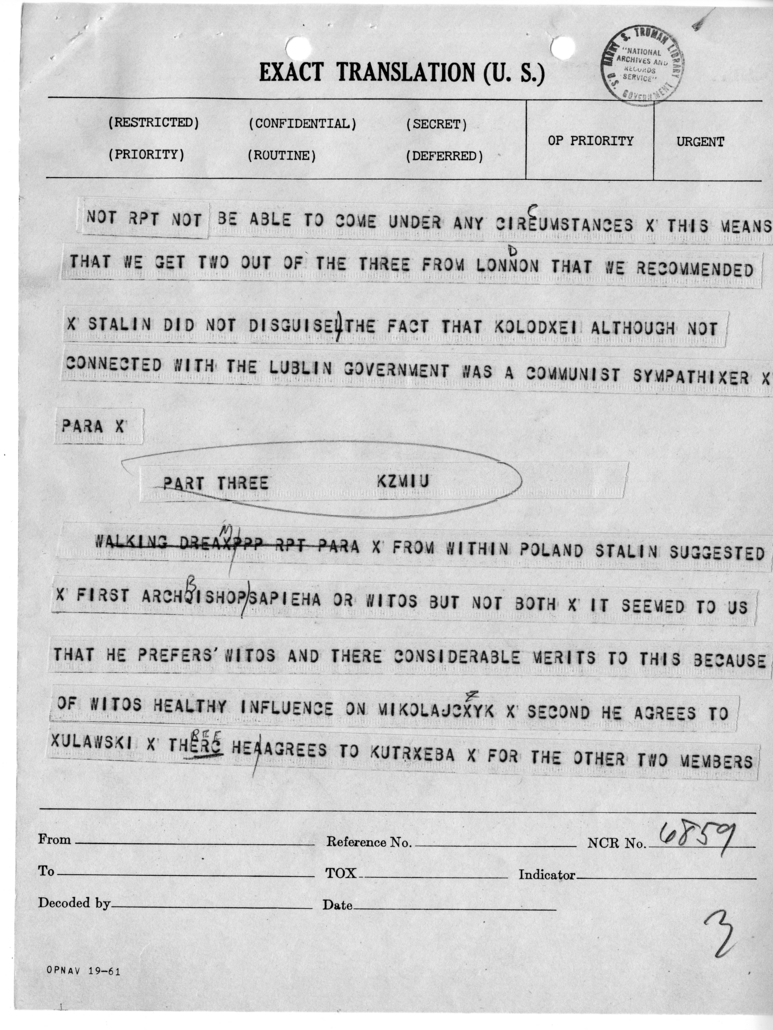 Telegram from Harry Hopkins to President Harry S. Truman