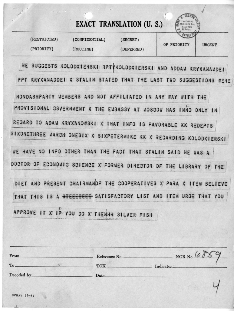 Telegram from Harry Hopkins to President Harry S. Truman