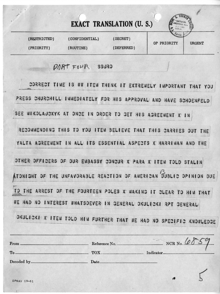 Telegram from Harry Hopkins to President Harry S. Truman