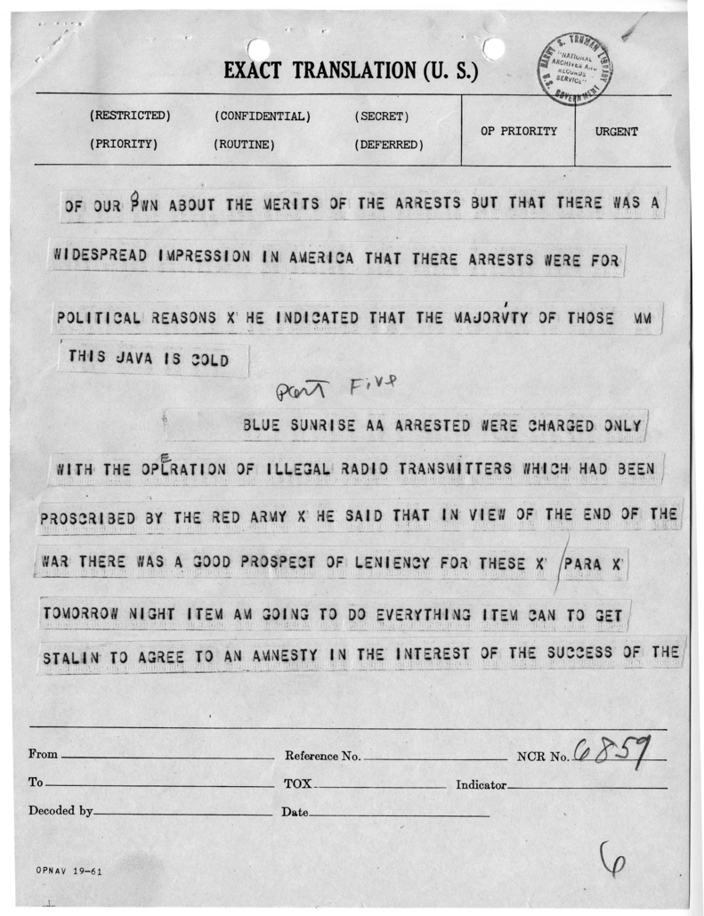 Telegram from Harry Hopkins to President Harry S. Truman