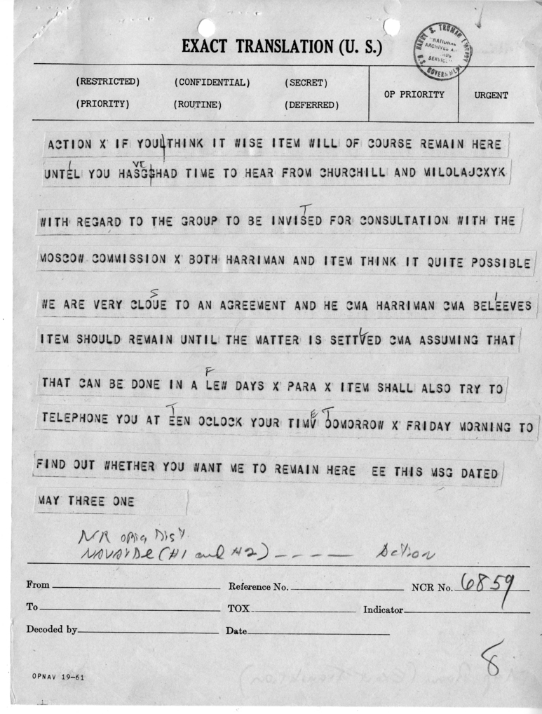 Telegram from Harry Hopkins to President Harry S. Truman