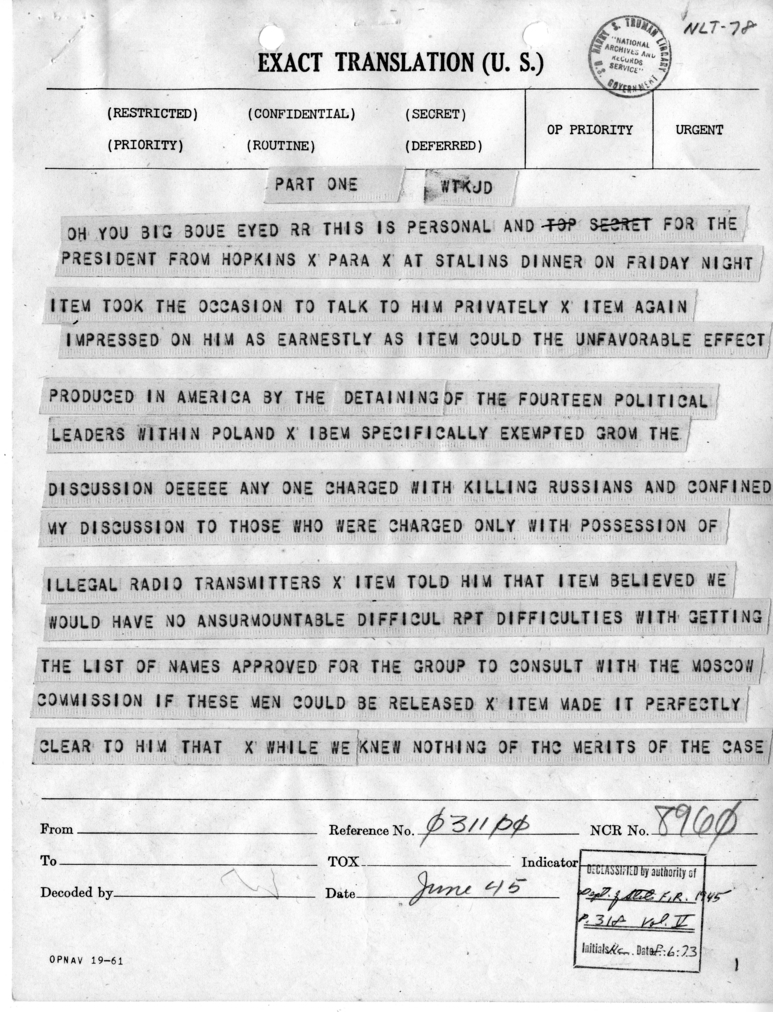 Telegram from Harry Hopkins to President Harry S. Truman